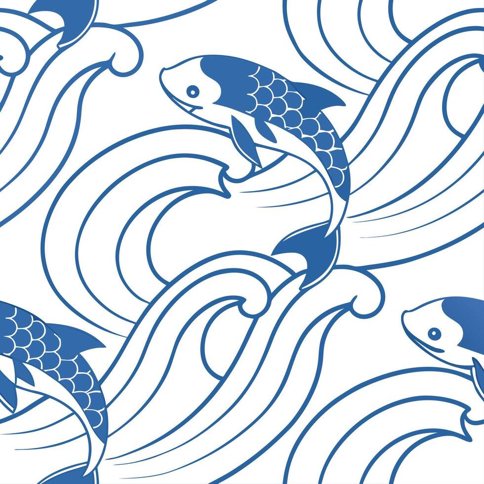 Japanese waves and koi fish seamless tile pattern with serene blue tones concept as Serene blue tones highlight Japanese waves intertwined with koi fish in seamless tile pattern in Cleans vector