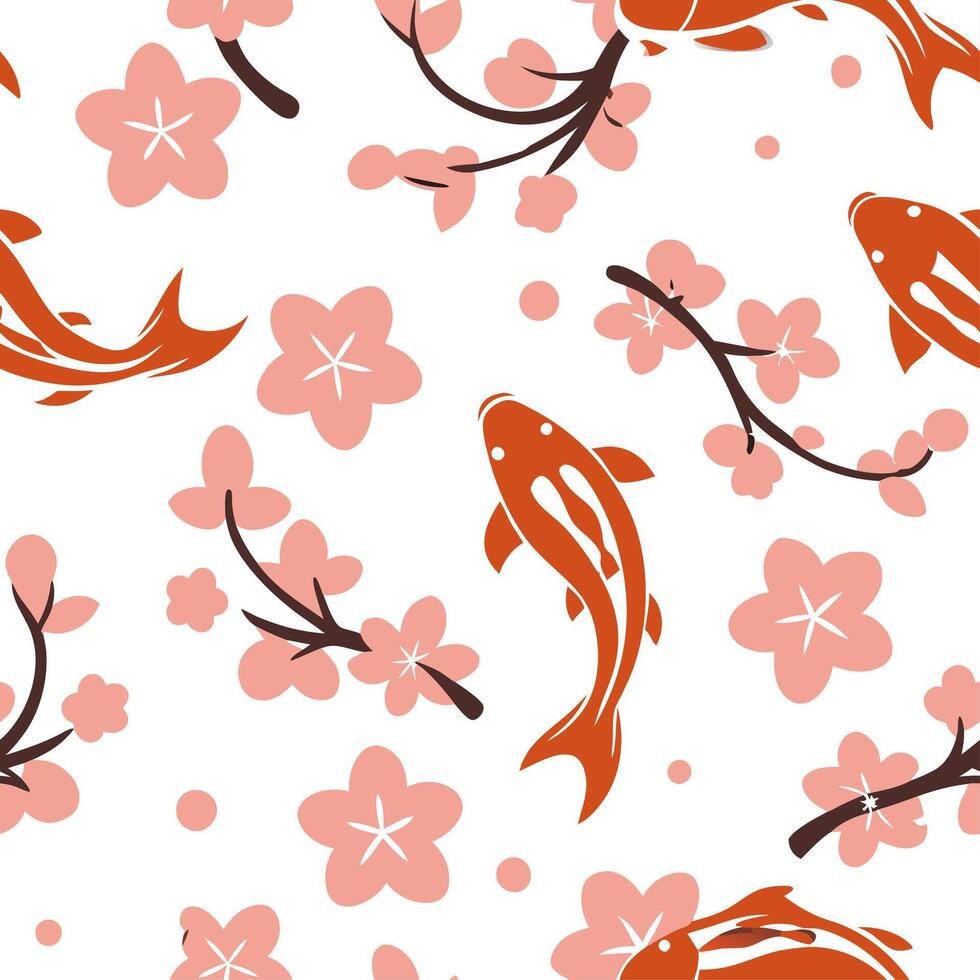 Japanese Sakura and Koi seamless tile pattern with soft pinks and vibrant oranges for tranquil home decor concept as Soft pink sakura blossoms and vibrant orange koi fish arranged Cleans vector