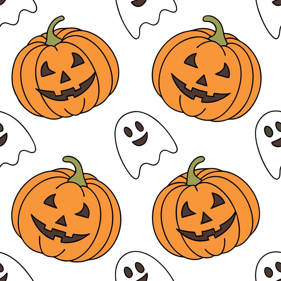 Jack o lanterns and ghosts seamless tile pattern with vibrant orange and spooky elements for festive Halloween decor concept as Vibrant orange jack o lanterns and spooky ghosts arr Cleans vector