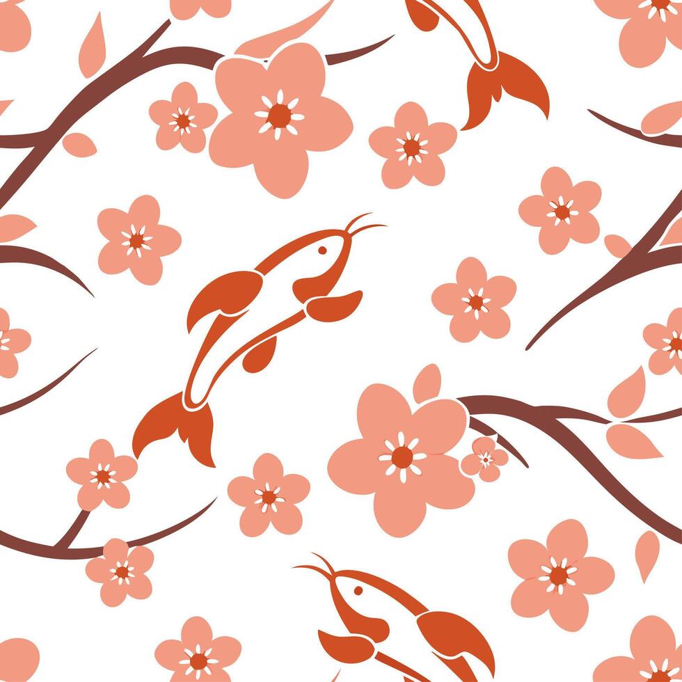 Japanese cherry blossoms and koi fish seamless tile pattern with serene pink and orange hues concept as Serene pink and orange hues feature Japanese cherry blossoms and koi fish in Cleans vector