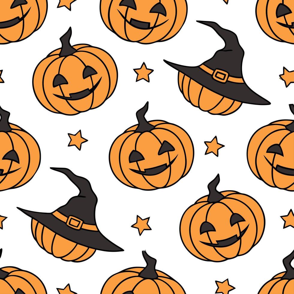 Jack o lanterns and witches seamless tile pattern with vibrant orange and magical elements for enchanting Halloween decor concept as Vibrant orange jack o lanterns and magical witc Cleans Set 2 vector