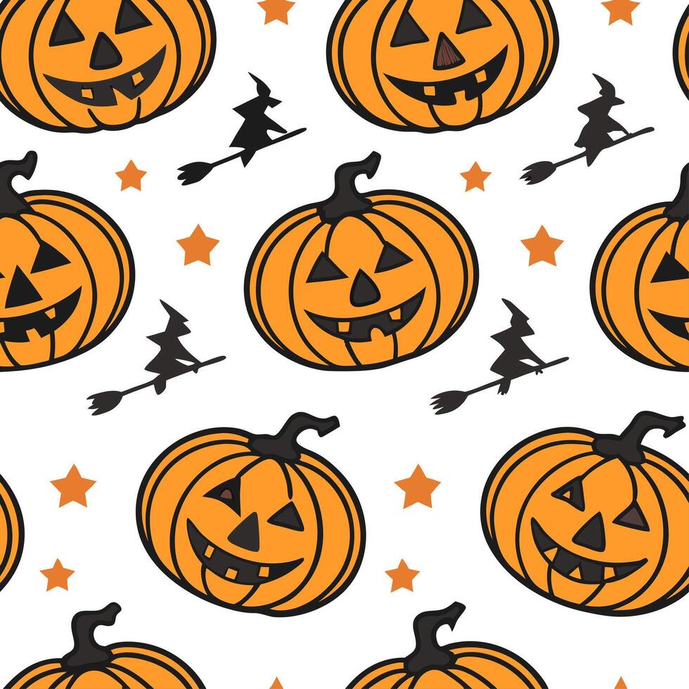 Jack o lanterns and witches seamless tile pattern with vibrant orange and magical elements for enchanting Halloween decor concept as Vibrant orange jack o lanterns and magical witc Cleans vector