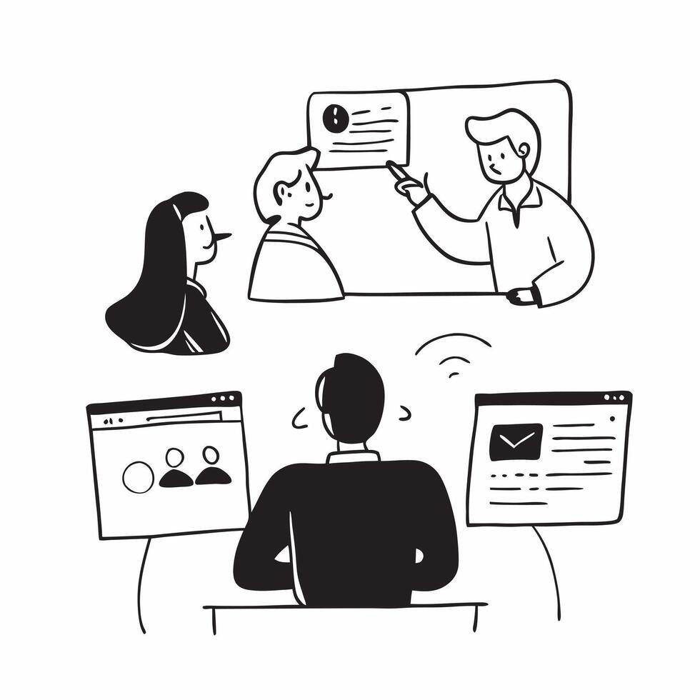 IT specialist managing a hybrid tech support meeting concept as An IT specialist managing a hybrid tech support meeting with staff in the office and remote emphasizing problem solv Cleans vector