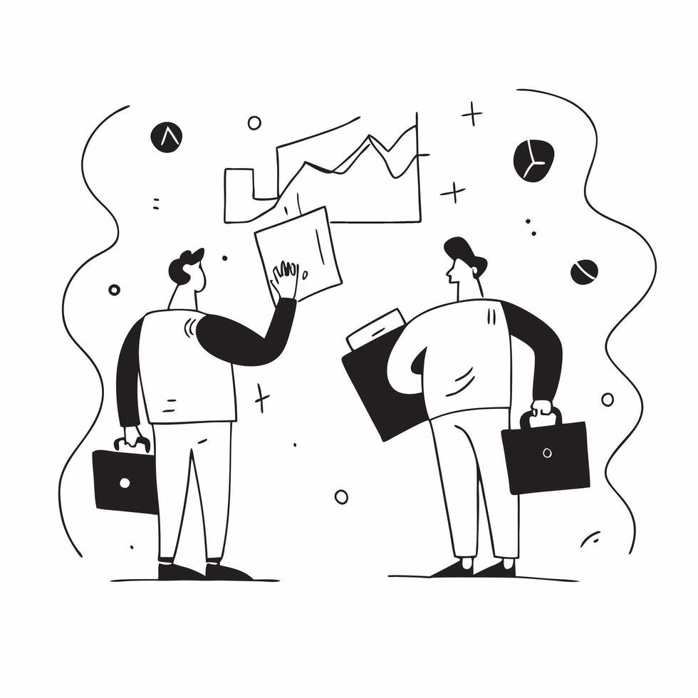 Investor Team with Briefcases and Stock Charts concept as An investor team holding briefcases and reviewing stock charts set against a whimsical background offering ample space for Cleans vector