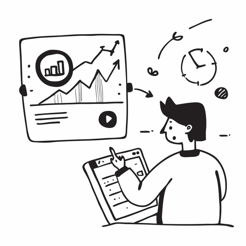Investor analyzing market trends and stock valuations on a tablet concept as An investor sitting in a relaxed setting analyzing market trends and stock valuations on a tablet empha Cleans vector