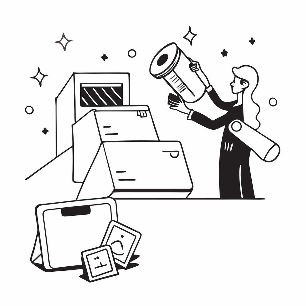 Inventory Clerk with Barcode Scanner and Digital Inventory System in Enchanted Warehouse concept as Long shot of an inventory clerk using a barcode scanner and a digital inventory Cleans vector
