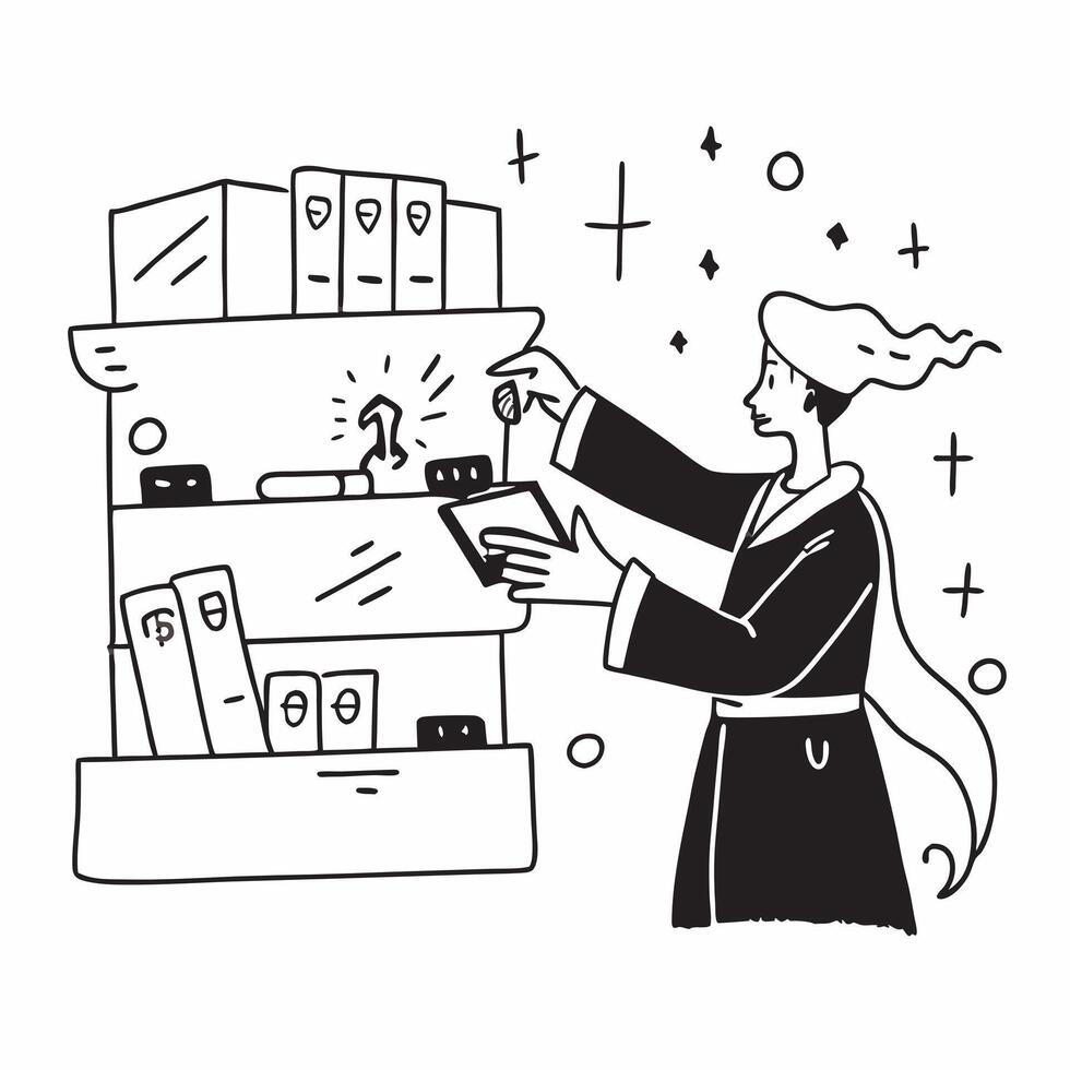 Inventory Specialist with Barcode Scanner and Shelves in High Tech Warehouse concept as Long shot of an inventory specialist using a barcode scanner in front of neatly organized sh Cleans vector