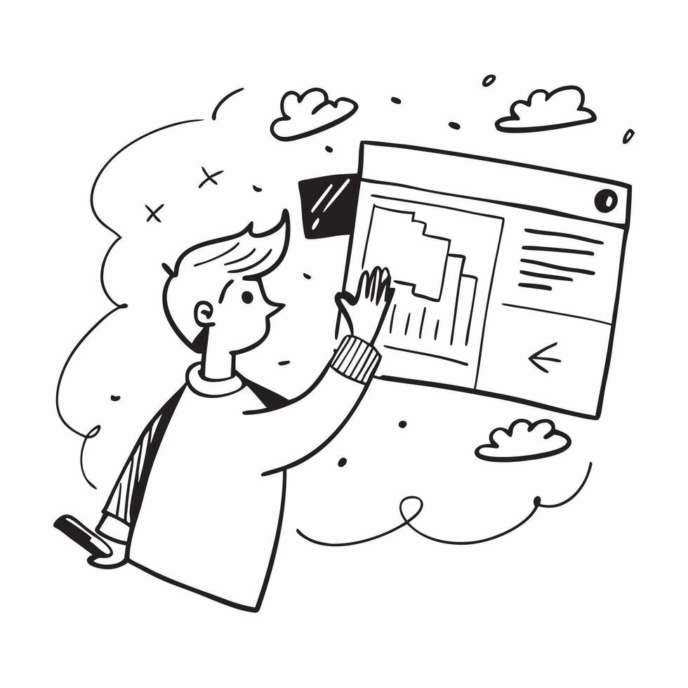 Innovator with Prototype and Data Chart concept as An innovator reviewing a prototype and analyzing a data chart set against a dreamy background offering ample space for text or gr Cleans vector