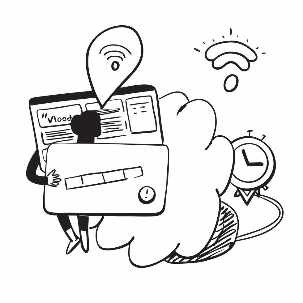 Individual with a travel Wi Fi hotspot laptop and travel data overlay symbolizing connected travel with copy space concept as An individual blended with a travel Wi Fi hotspot lap Cleans vector