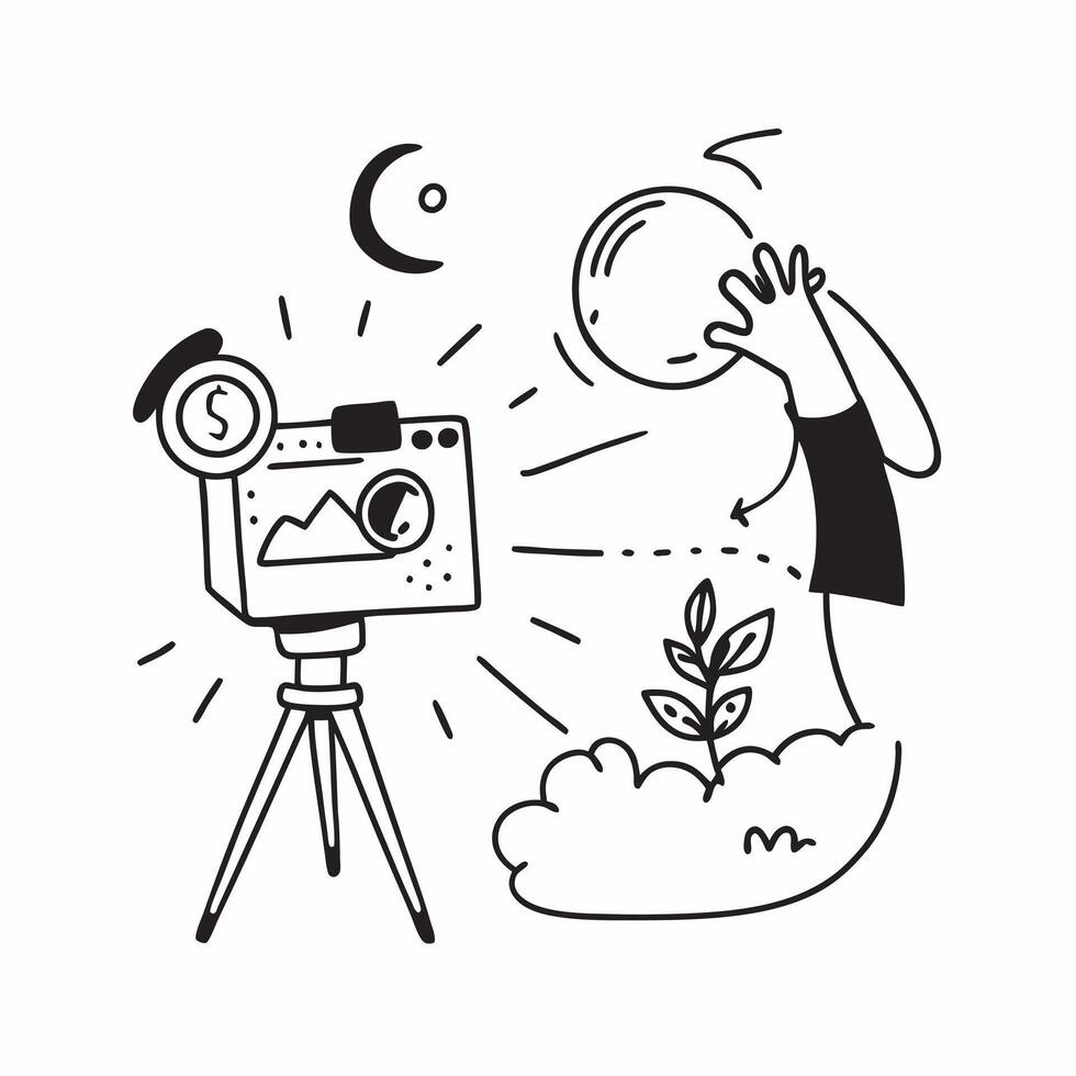 Individual with a travel tripod sunrise and motion timer overlay symbolizing sunrise timelapse with copy space concept as An individual blended with a travel tripod sunrise and mo Cleans vector