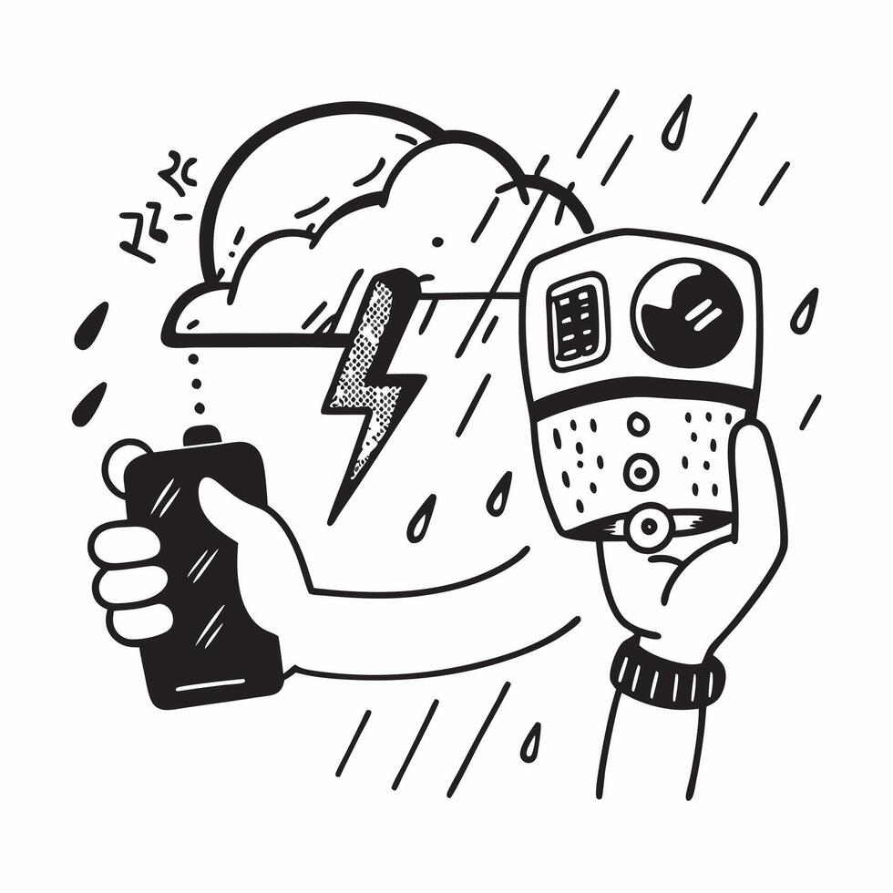 Individual with a travel action cam rainstorm and rain cover overlay symbolizing storm timelapse with copy space concept as An individual blended with a travel action cam rainstor Cleans vector