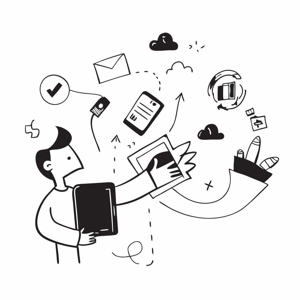 Individual with a tablet and digital marketing icons overlay symbolizing digital marketing strategies with copy space concept as An individual blended with a tablet and digital ma Cleans vector