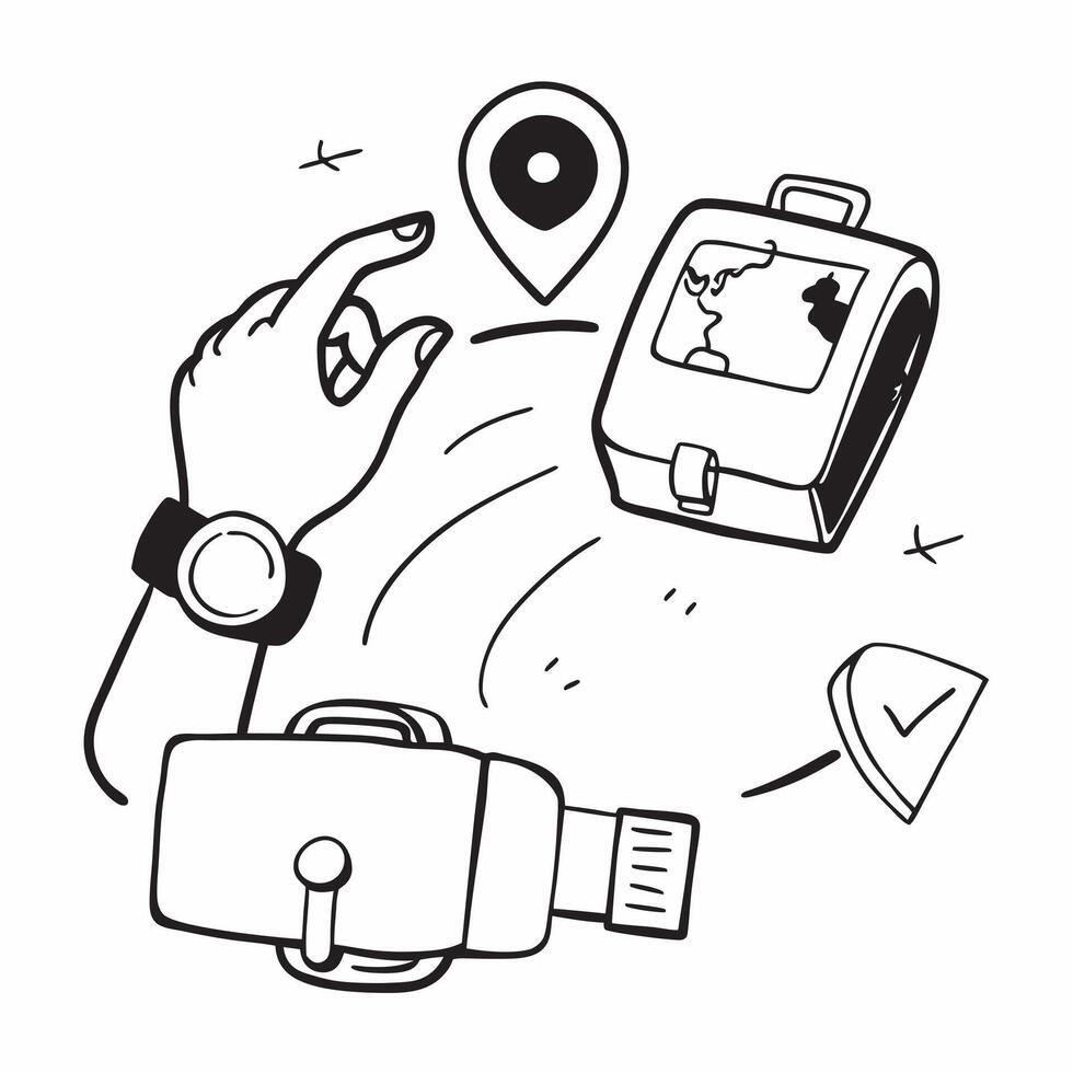 Individual with a smartwatch GPS and suitcase overlay symbolizing smart travel accessories with copy space concept as An individual blended with a smartwatch GPS and suitcase repr Cleans vector