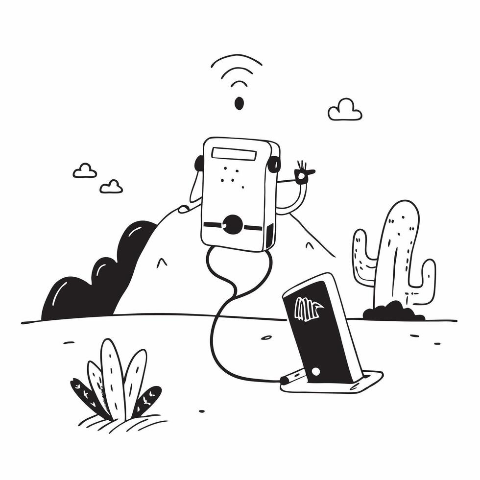 Individual with a portable Wi Fi desert scene and notepad overlay symbolizing desert remote work with copy space concept as An individual blended with a portable Wi Fi desert scen Cleans vector