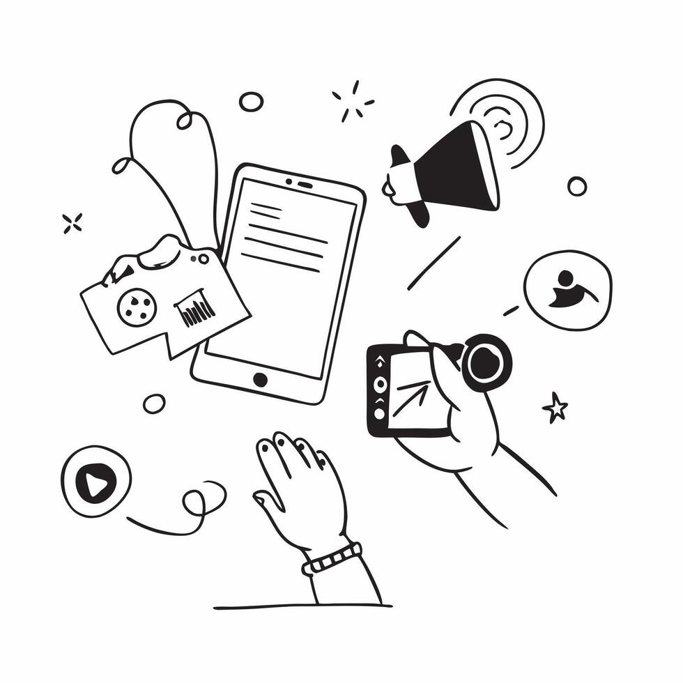 Individual with a smartphone and viral marketing icons overlay symbolizing viral marketing with copy space concept as An individual blended with a smartphone and viral marketing i Cleans vector