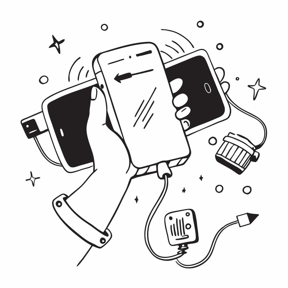 Individual with a portable charger smartphone and power bank overlay symbolizing travel tech essentials with copy space concept as An individual blended with a portable charger sm Cleans vector