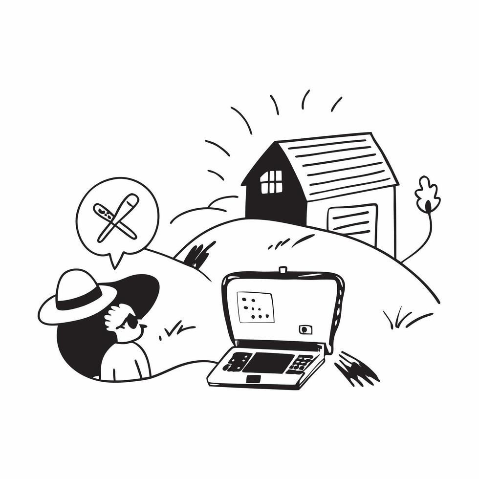 Individual with a laptop rural farm and portable fan overlay symbolizing farm based remote work with copy space concept as An individual blended with a laptop rural farm and porta Cleans vector