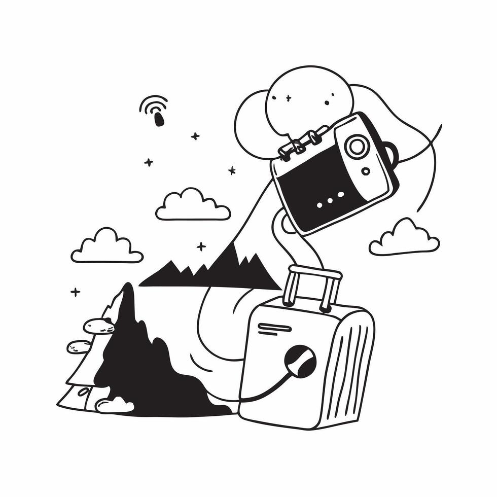 Individual with a portable speaker scenic overlook and travel playlist overlay symbolizing tech savvy travel with music with copy space concept as An individual blended with a por Cleans vector