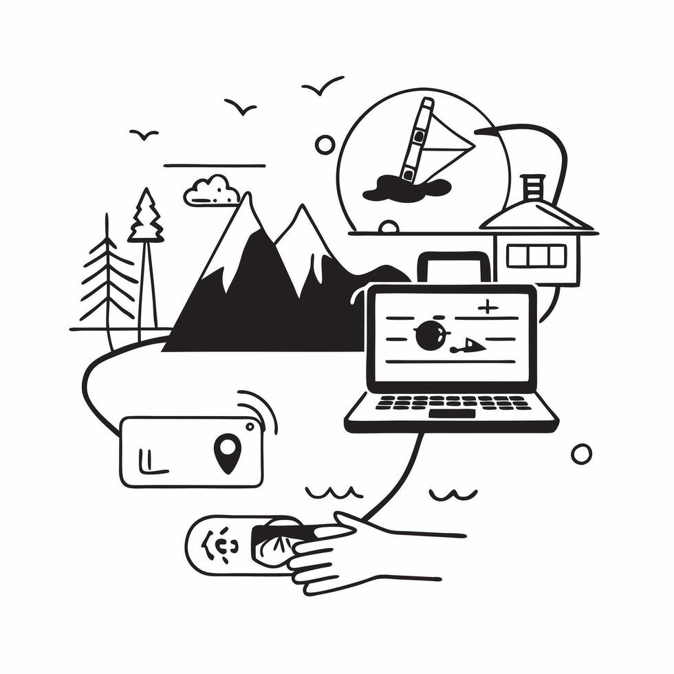 Individual with a laptop lakeside cabin and travel router overlay symbolizing tech savvy lakeside work with copy space concept as An individual blended with a laptop lakeside cabi Cleans vector