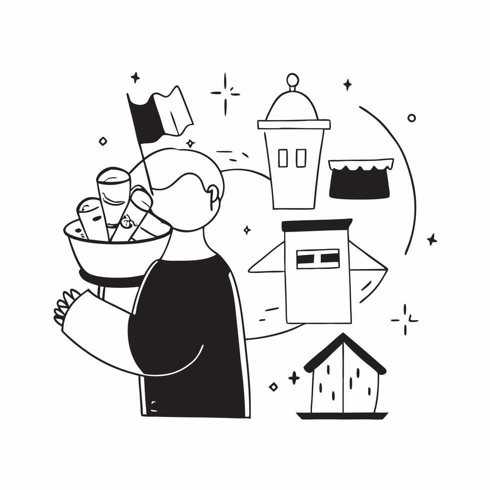 Individual with a historic market food stalls and cultural guide overlay symbolizing cultural market travel with copy space concept as An individual blended with a historic market Cleans vector