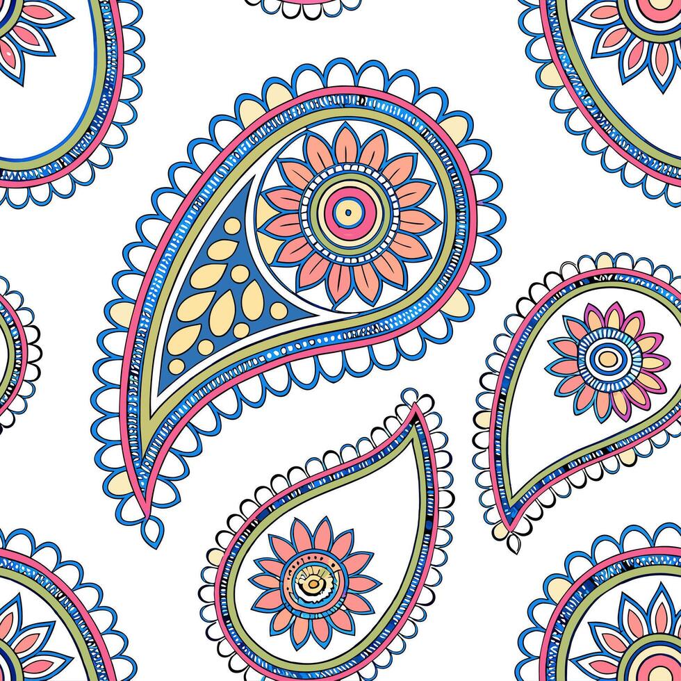 Indian paisleys and mandalas seamless tile pattern with vibrant colors and intricate details for cultural decor concept as Vibrant paisleys and intricate mandalas arranged seamless Cleans vector