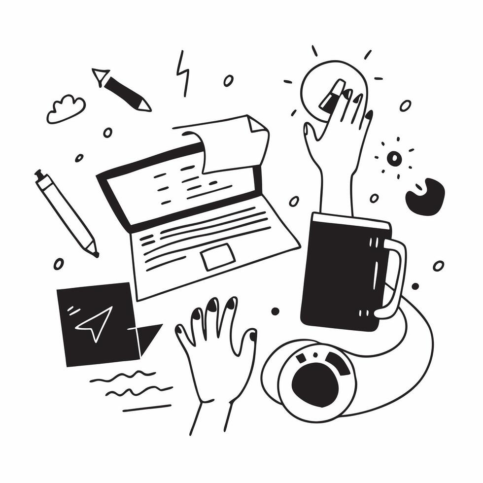 Human hands typing on a laptop with brainstorming sketches and coffee with copy space concept as Human hands typing on a laptop with brainstorming sketches and coffee symbolizing Cleans vector