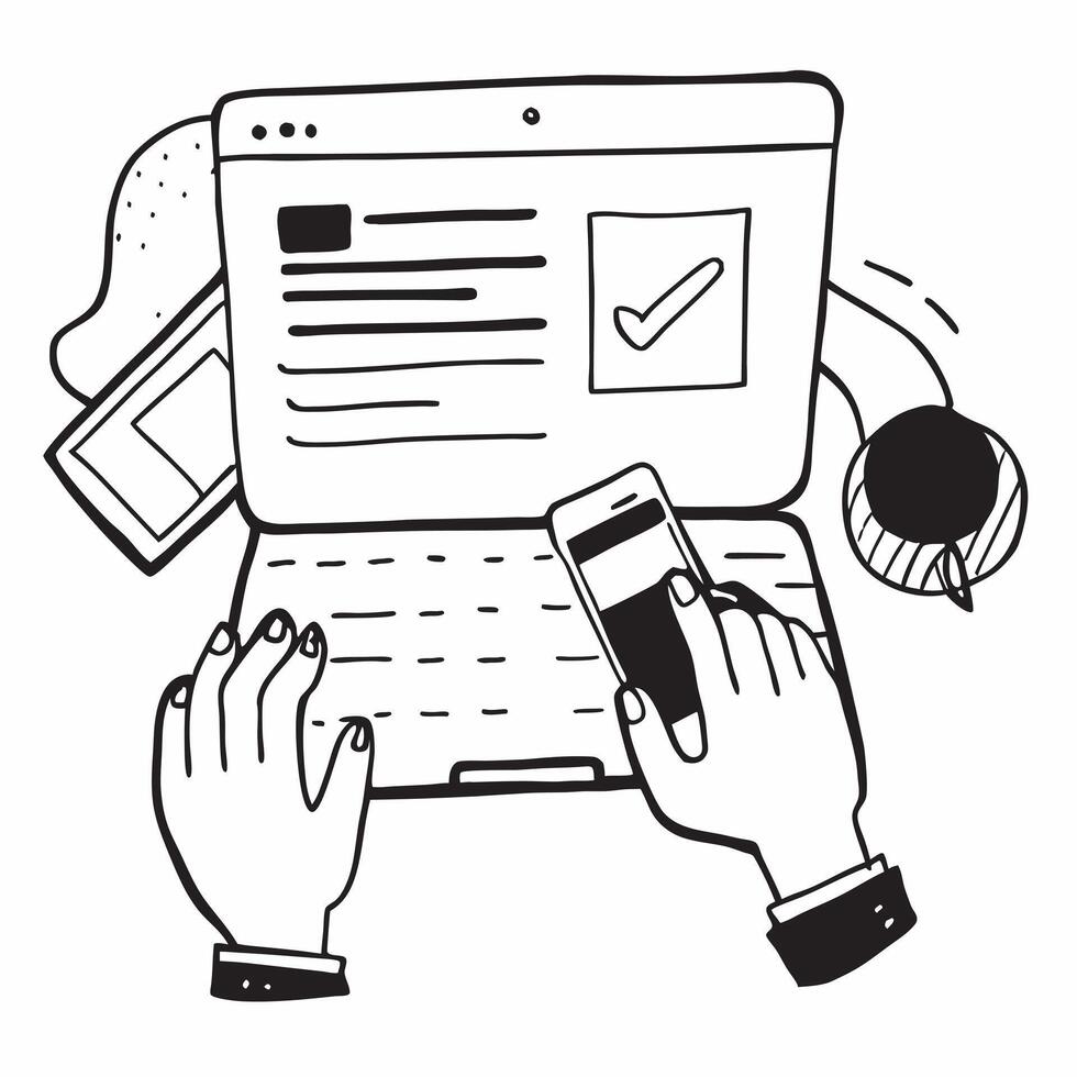 Human hands typing on a laptop with a gantt chart and coffee cup with copy space concept as Human hands typing on a laptop with a gantt chart and coffee cup symbolizing project ma Cleans vector