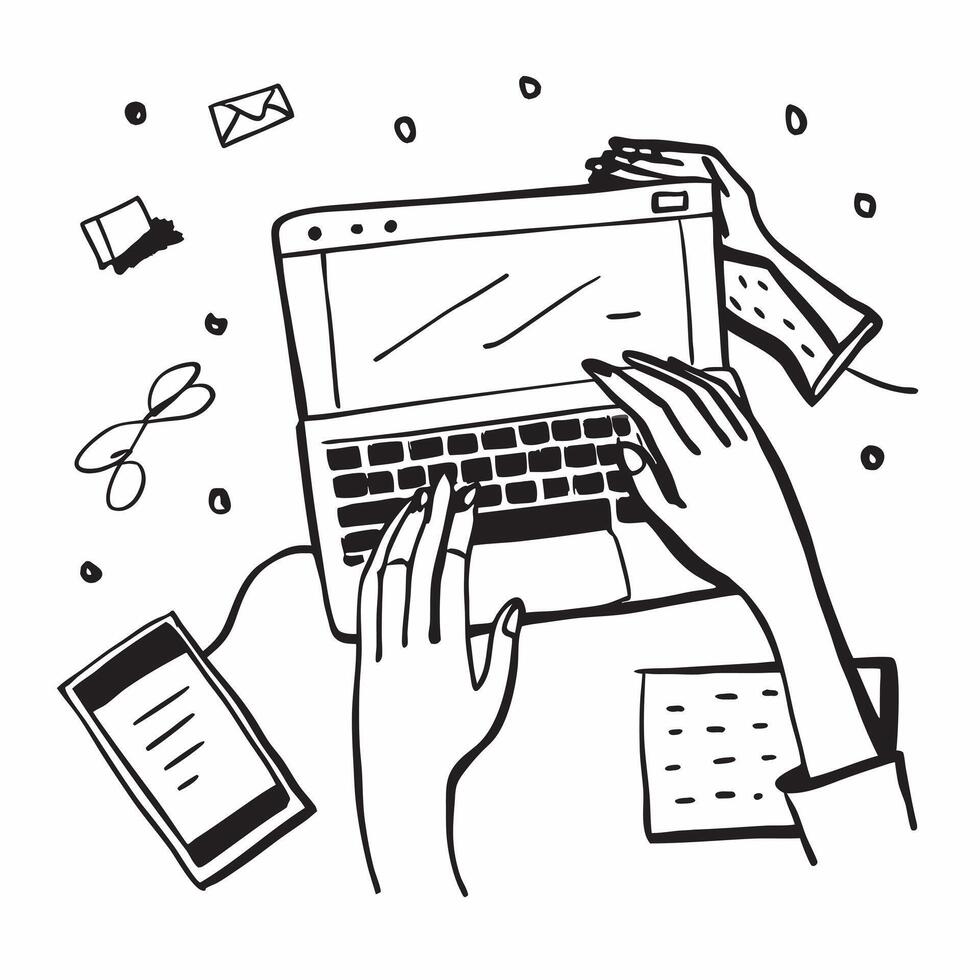 Human hands typing on a laptop with a brainstorming sketchpad with copy space concept as Human hands typing on a laptop with a brainstorming sketchpad nearby symbolizing creativit Cleans vector