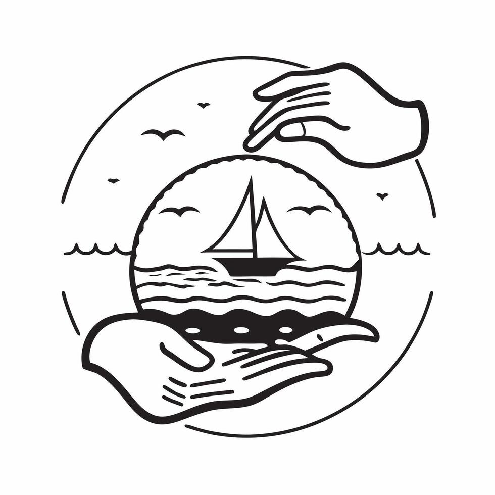 Human hands holding a sailboat against the ocean horizon with copy space concept as Human hands holding a sailboat against the ocean horizon symbolizing adventure freedom and drea Cleans vector