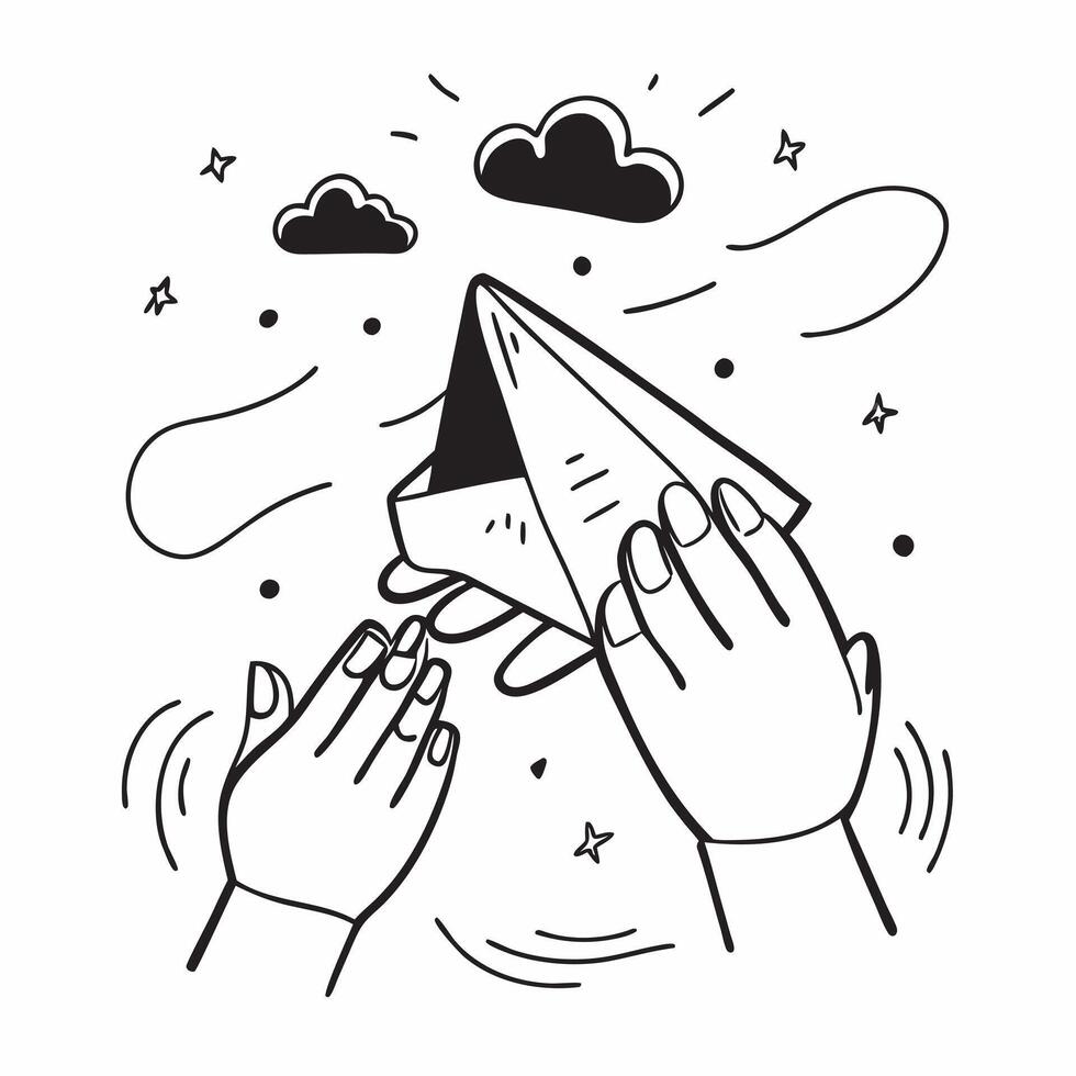 Human hands holding a paper airplane with blue sky with copy space concept as Human hands holding a paper airplane ready to be released into the blue sky symbolizing freedom creat Cleans vector