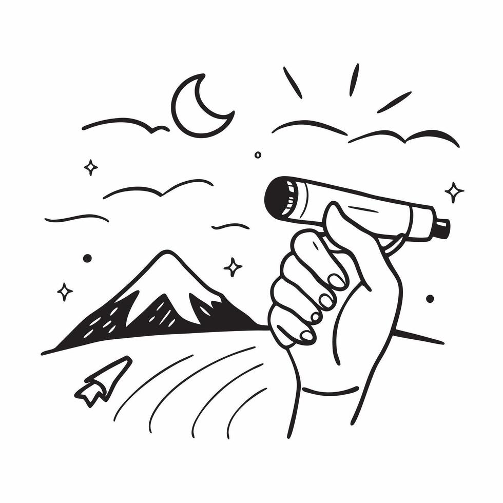 Human hands holding a telescope overlooking a valley with copy space concept as Human hands holding a telescope overlooking a valley symbolizing exploration freedom and new horizo Cleans vector