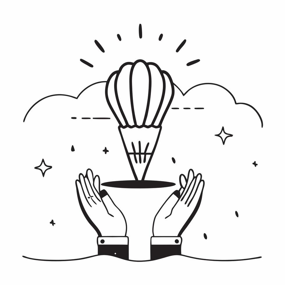 Human hands holding a hot air balloon basket with open sky with copy space concept as Human hands holding a hot air balloon basket against an open sky symbolizing freedom adventur Cleans vector