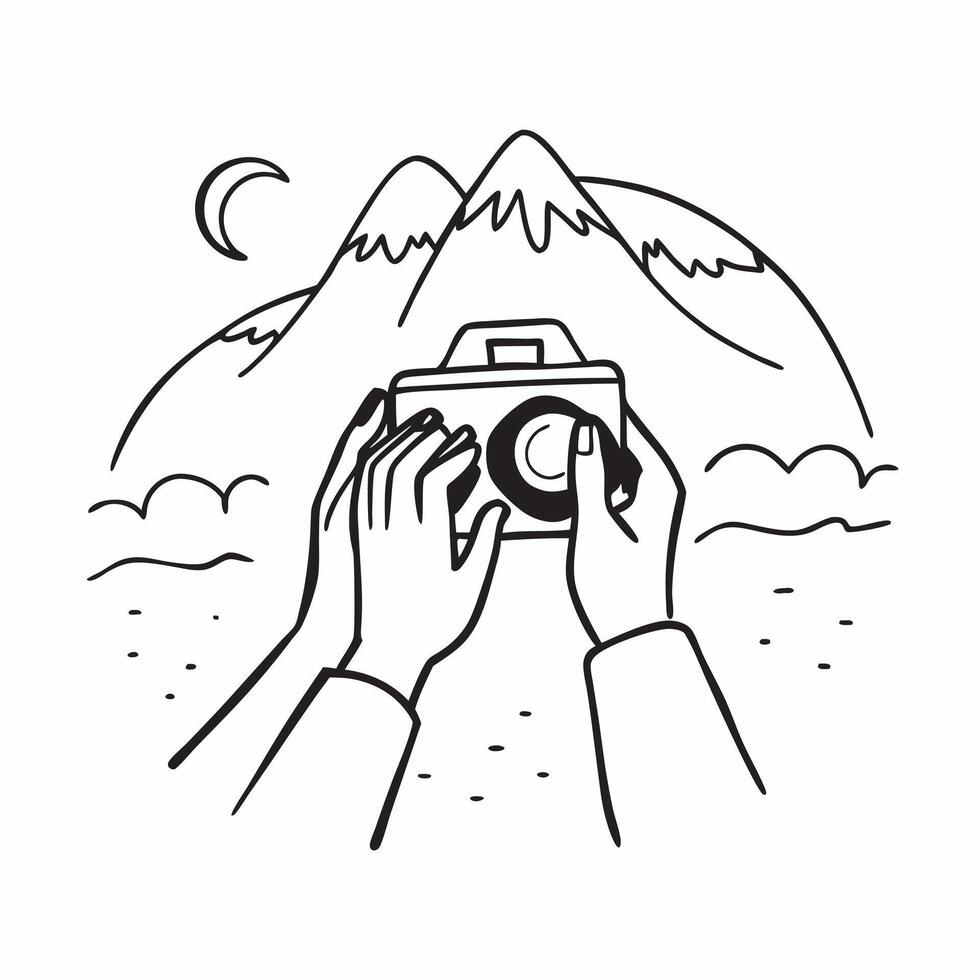 Human hands holding a camera overlooking a mountain range with copy space concept as Human hands holding a camera overlooking a mountain range symbolizing exploration freedom and Cleans vector
