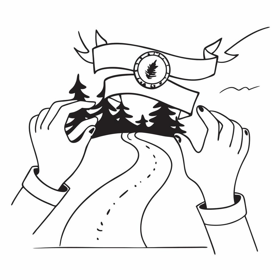 Human hands holding a compass with a path through the forest with copy space concept as Human hands holding a compass with a view of a path through the forest symbolizing directio Cleans vector