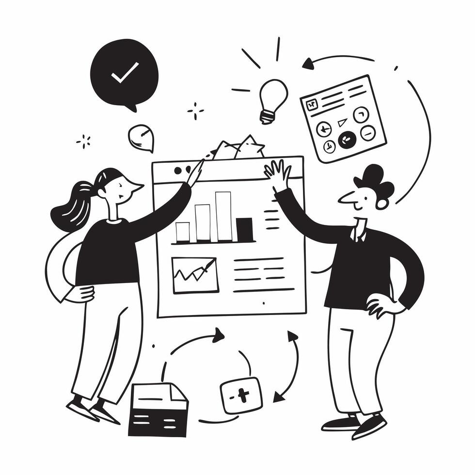 Financial team collaborating on budget planning concept as A illustration of a financial team collaborating on budget planning using charts and digital tools with an 8 color Cleans Set 2 vector