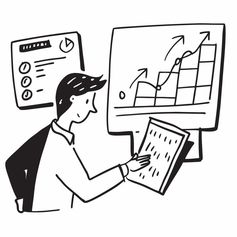 Financial journalist reporting on stock valuation trends concept as A financial journalist in a newsroom reporting on stock valuation trends using a computer highlighting expertise Cleans vector
