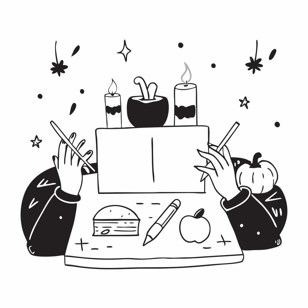 Human hands arranging a festive table with candles and pumpkins with copy space concept as Human hands arranging a festive table with candles and pumpkins capturing the holiday sp Cleans vector