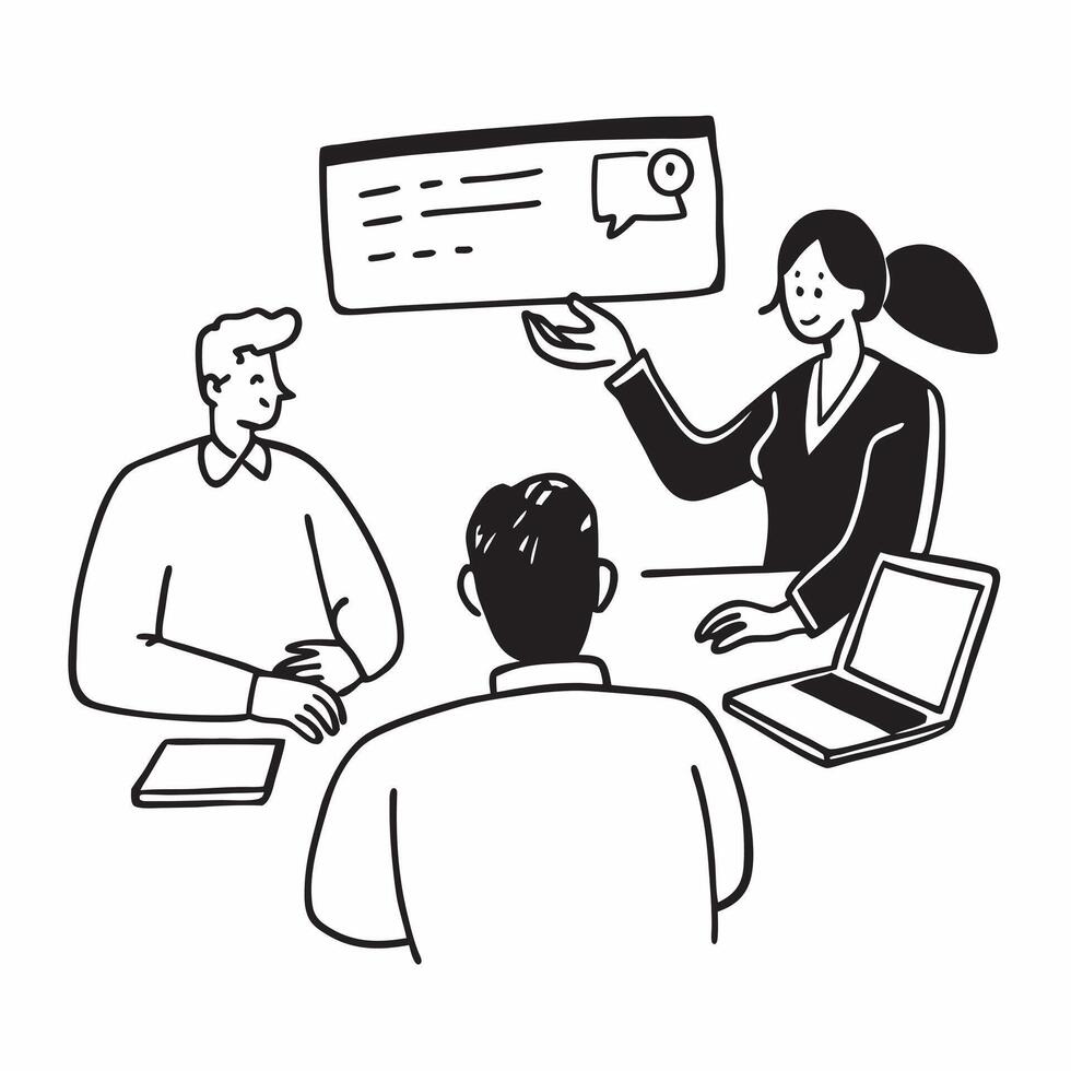 Financial planner conducting a hybrid client meeting concept as A financial planner conducting a hybrid client meeting with clients in the office and joining remotely highlighting Cleans vector