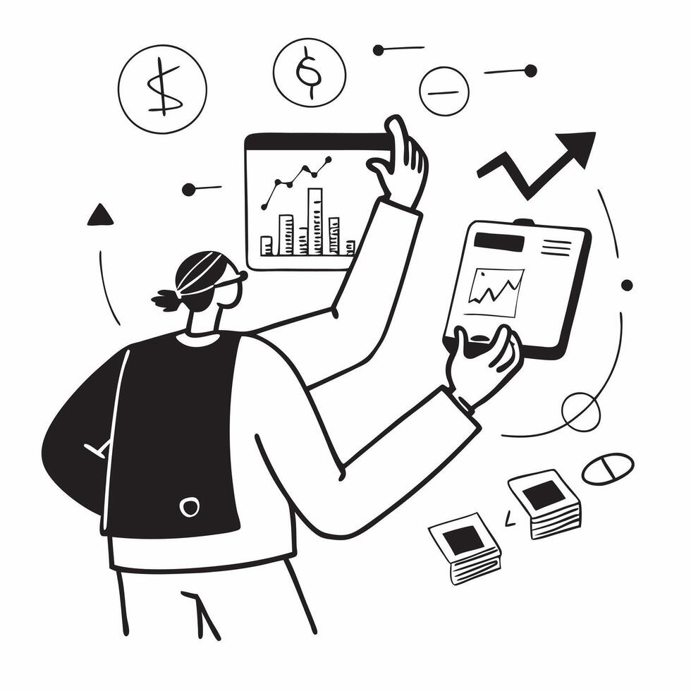 Financial analyst using augmented reality for interactive stock valuation concept as A financial analyst in an office using augmented reality on a tablet for interactive stock valu Cleans vector