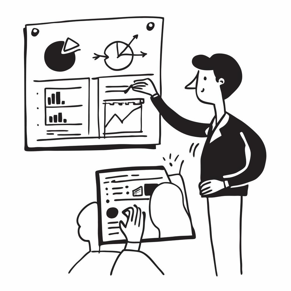 Financial analyst presenting data in a hybrid meeting concept as A financial analyst presenting data in a hybrid meeting with charts displayed in the office and shared online showc Cleans vector