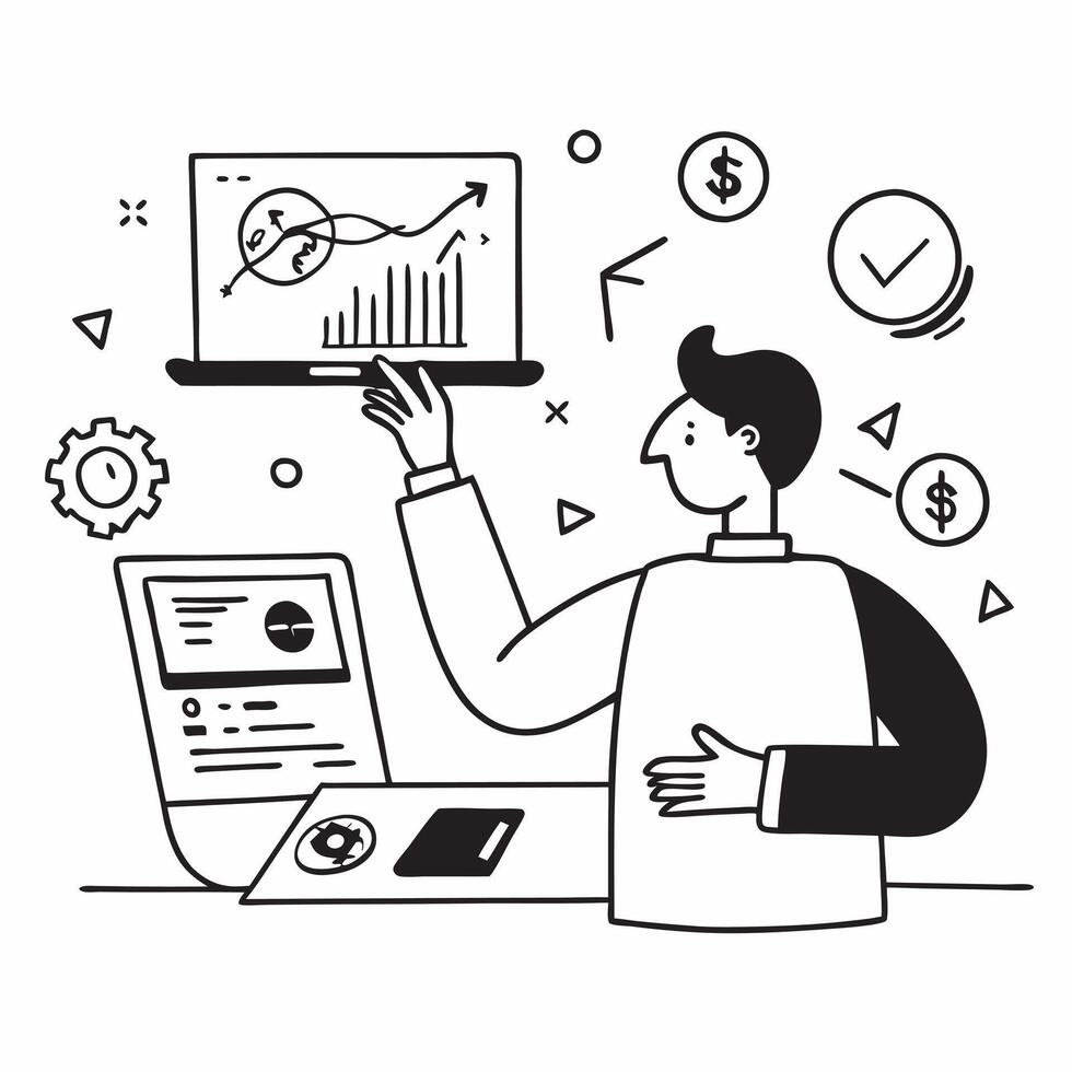 Financial analyst using AI tools for stock valuation concept as A financial analyst in a modern office using AI tools on a laptop for stock valuation highlighting technology and in Cleans vector