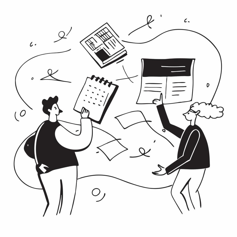Finance Team with Calculators and Spreadsheets concept as A finance team using calculators and reviewing spreadsheets set against a whimsical background offering ample space for te Cleans vector