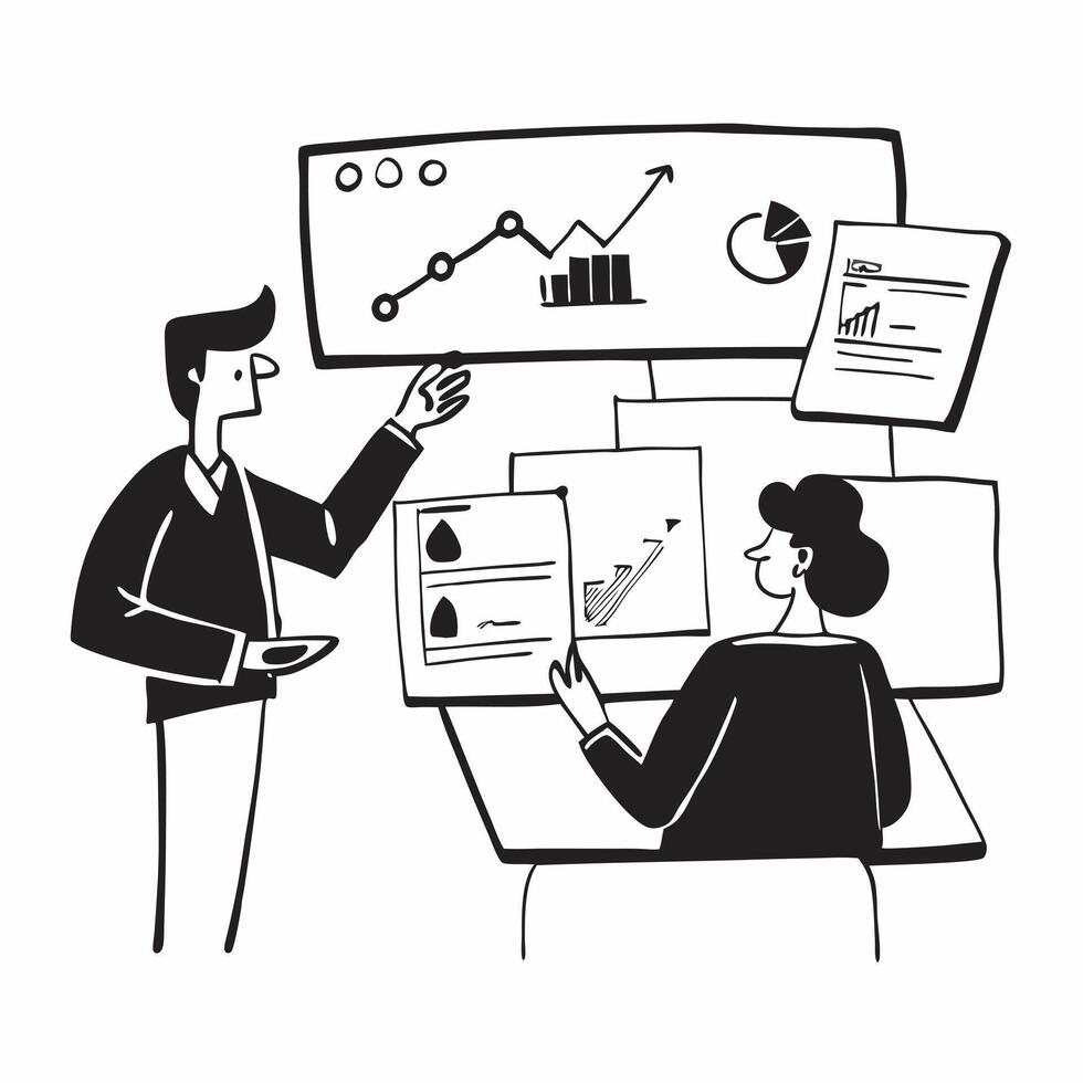 Financial advisor presenting stock valuation strategies to clients concept as A financial advisor in a modern office presenting stock valuation strategies to clients using a laptop Cleans vector
