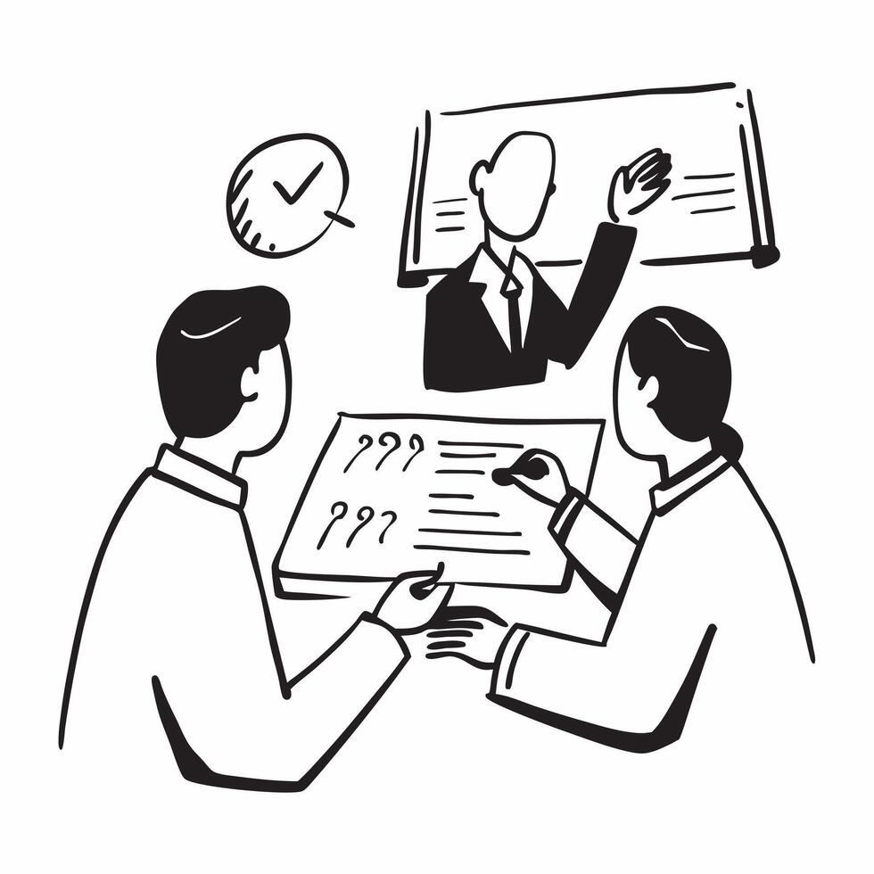 Executives in a board meeting discussing financial reports concept as A illustration of executives in a board meeting discussing financial reports utilizing a 3 color palett Cleans Set 2 vector