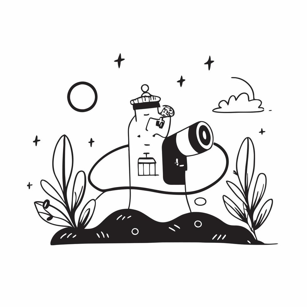 Explorer with Binoculars and Hat in Mystical Valley concept as Mid shot of an explorer with binoculars and a hat standing in a mystical valley The background features glowing plan Cleans vector