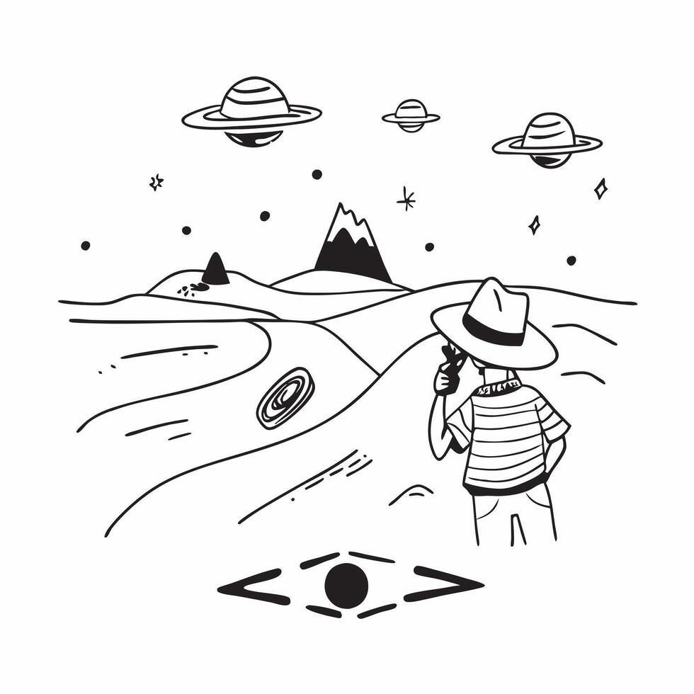 Explorer with Binoculars and Hat in Fantasy Desert concept as Long shot of an explorer with binoculars and a hat standing in a fantasy desert The background features surreal sand Cleans vector