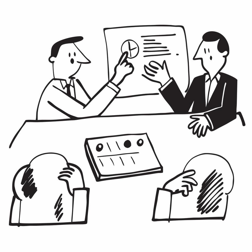 Executives in a board meeting discussing financial reports concept as A illustration of executives in a board meeting discussing financial reports utilizing a 3 color palett Cleans vector