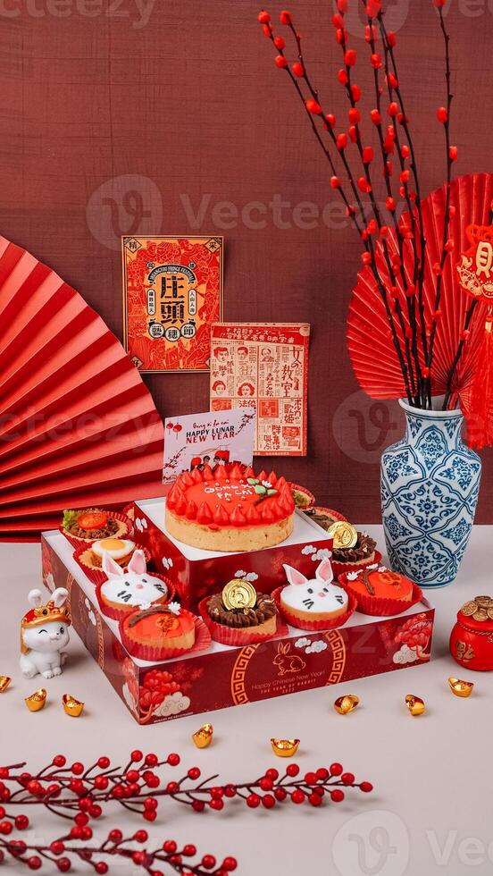 Beautiful Close Up Photography of Chinese New Year Food with Chinese Ornaments and Background. photo