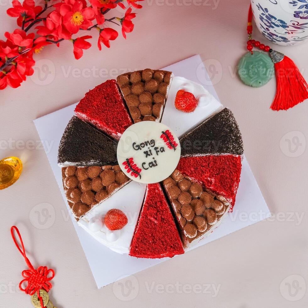 Top View Chinese New Year Milles Crepes with Chinese Wording. photo