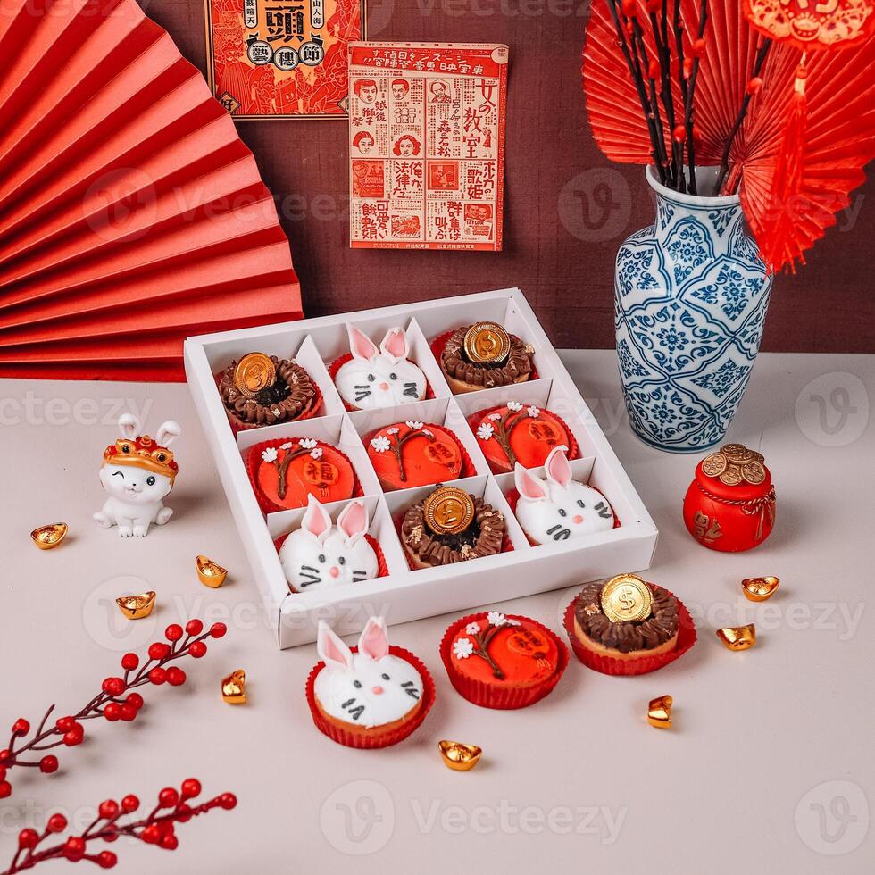 Chinese New Years Hampers Box with Chinese Ornaments Background photo